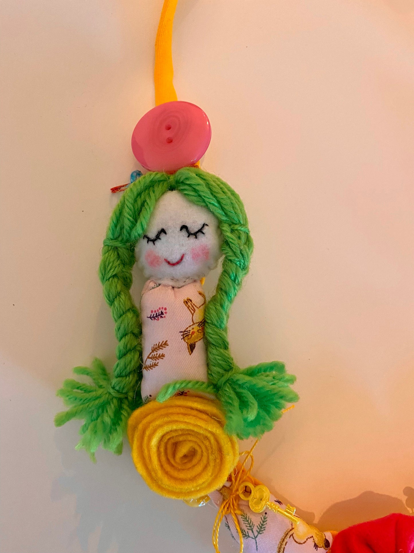 Fabric Necklace - Green Cat, Green Braids, Flowers, Fabric, Buttons, Yellow T-Shirt Yarn, Handmade