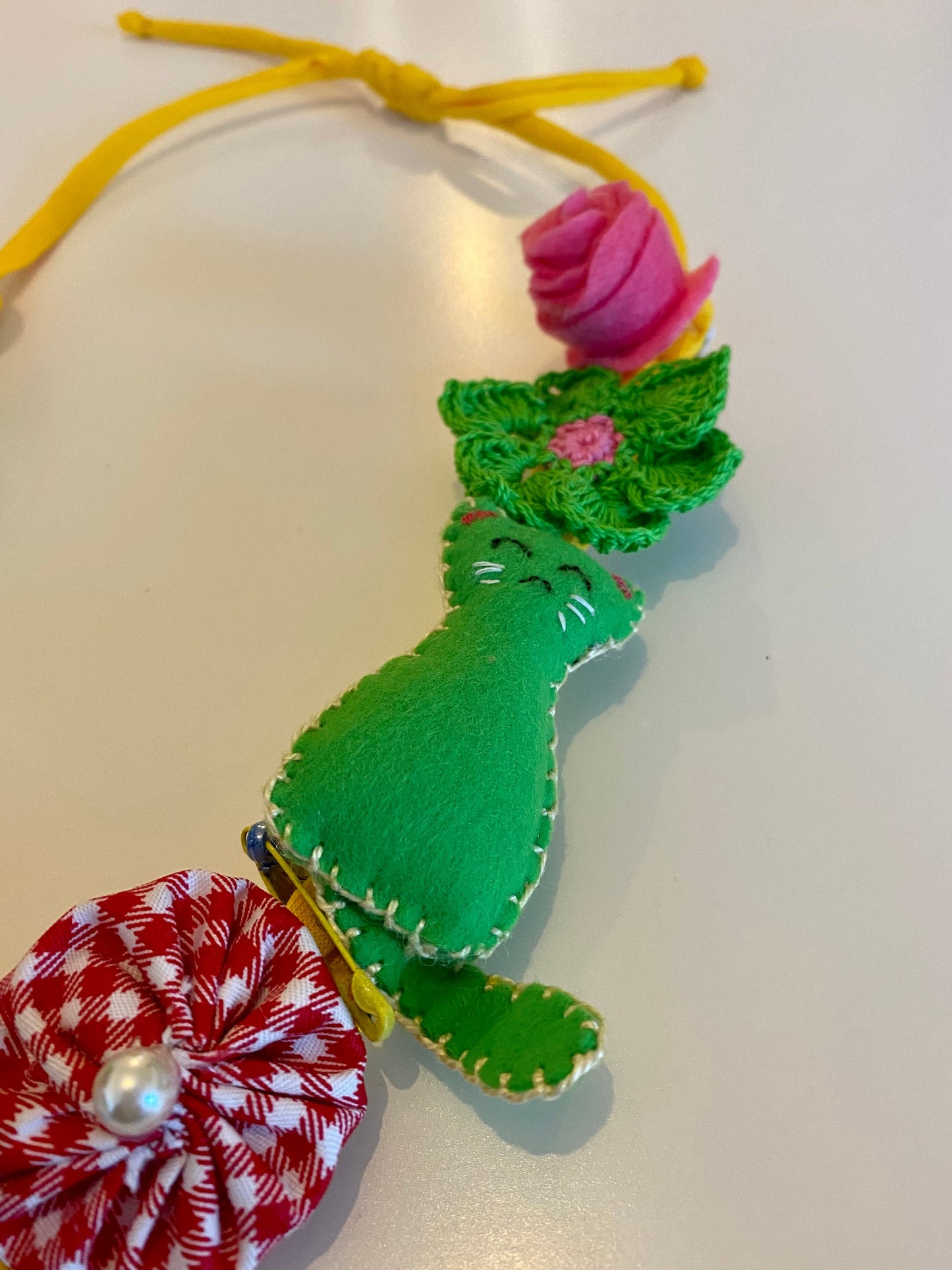 Fabric Necklace - Green Cat, Green Braids, Flowers, Fabric, Buttons, Yellow T-Shirt Yarn, Handmade