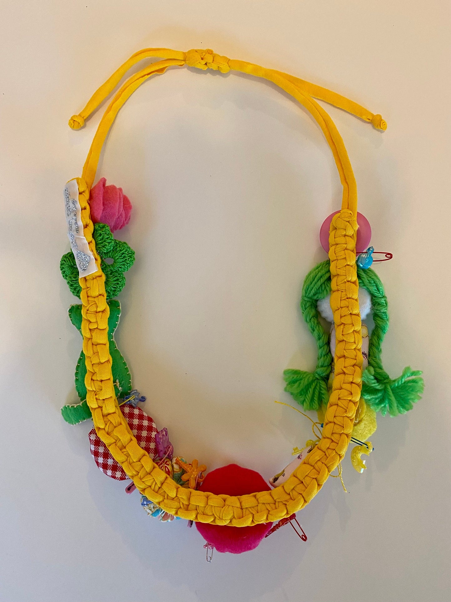 Fabric Necklace - Green Cat, Green Braids, Flowers, Fabric, Buttons, Yellow T-Shirt Yarn, Handmade