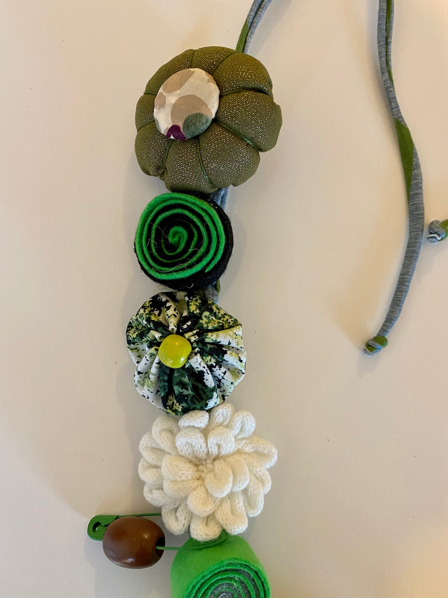 Fabric Necklace - Owl, Flowers, Fabric, Buttons, T-Shirt Yarn, Handmade