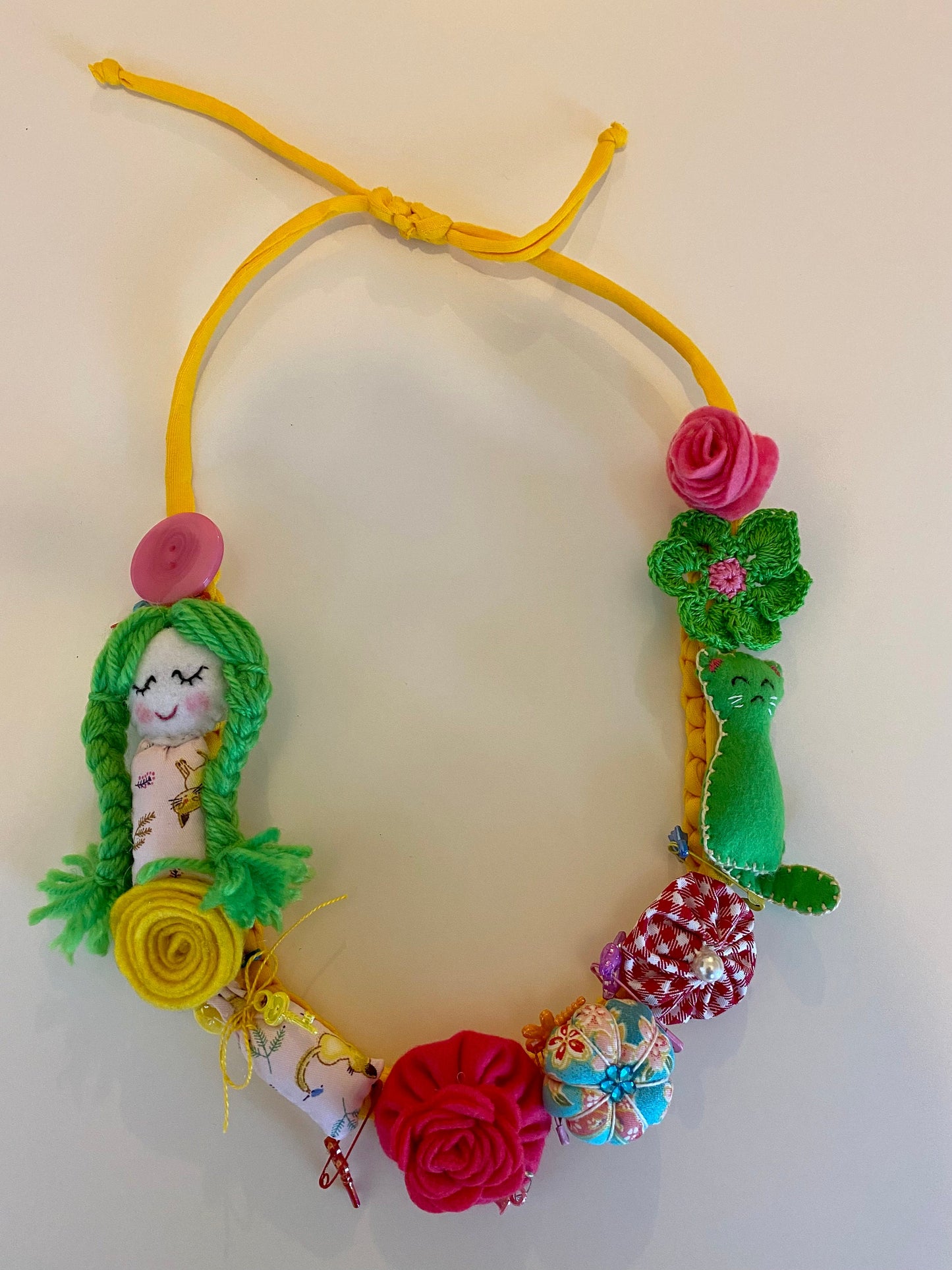 Fabric Necklace - Green Cat, Green Braids, Flowers, Fabric, Buttons, Yellow T-Shirt Yarn, Handmade