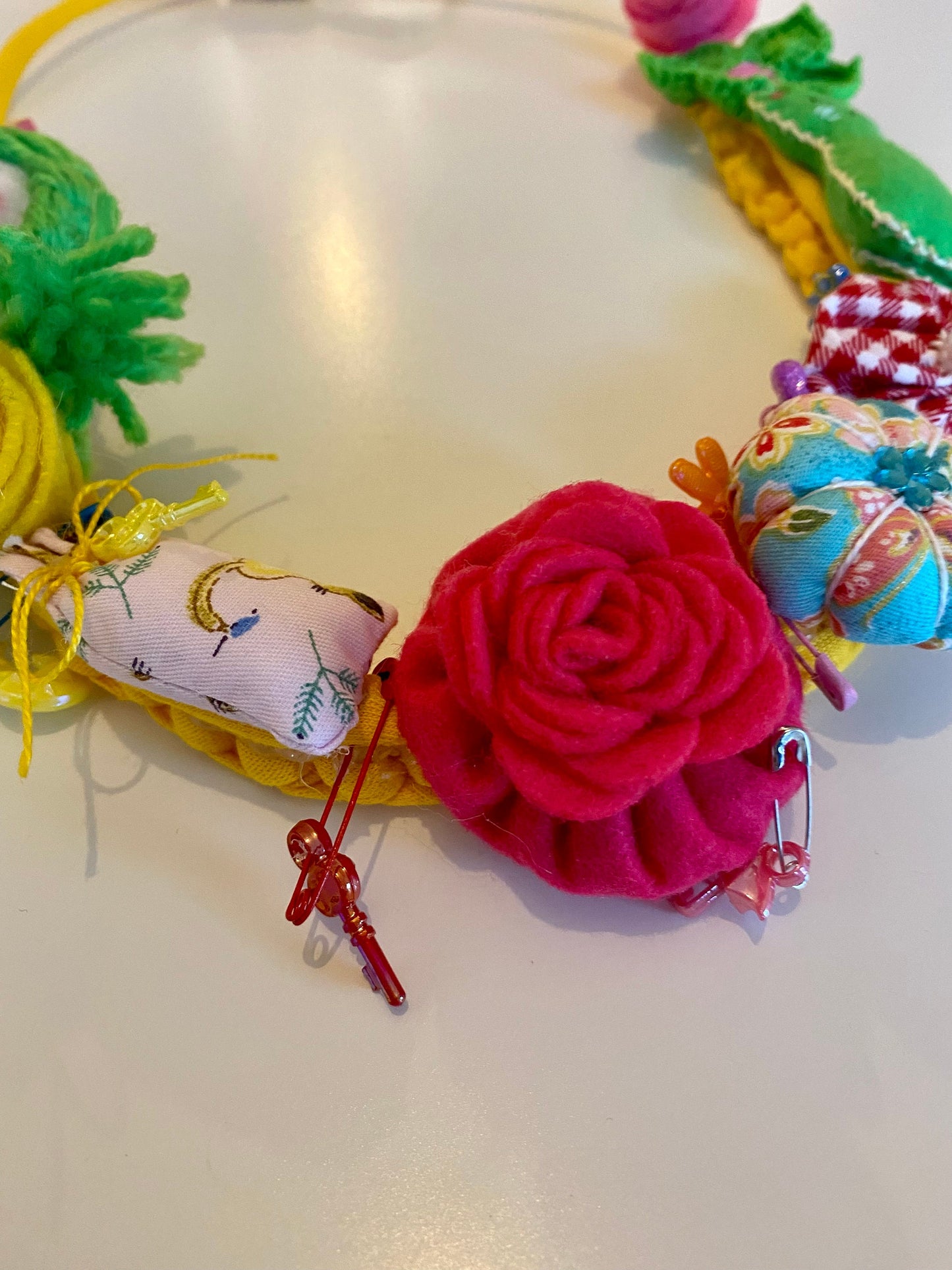 Fabric Necklace - Green Cat, Green Braids, Flowers, Fabric, Buttons, Yellow T-Shirt Yarn, Handmade