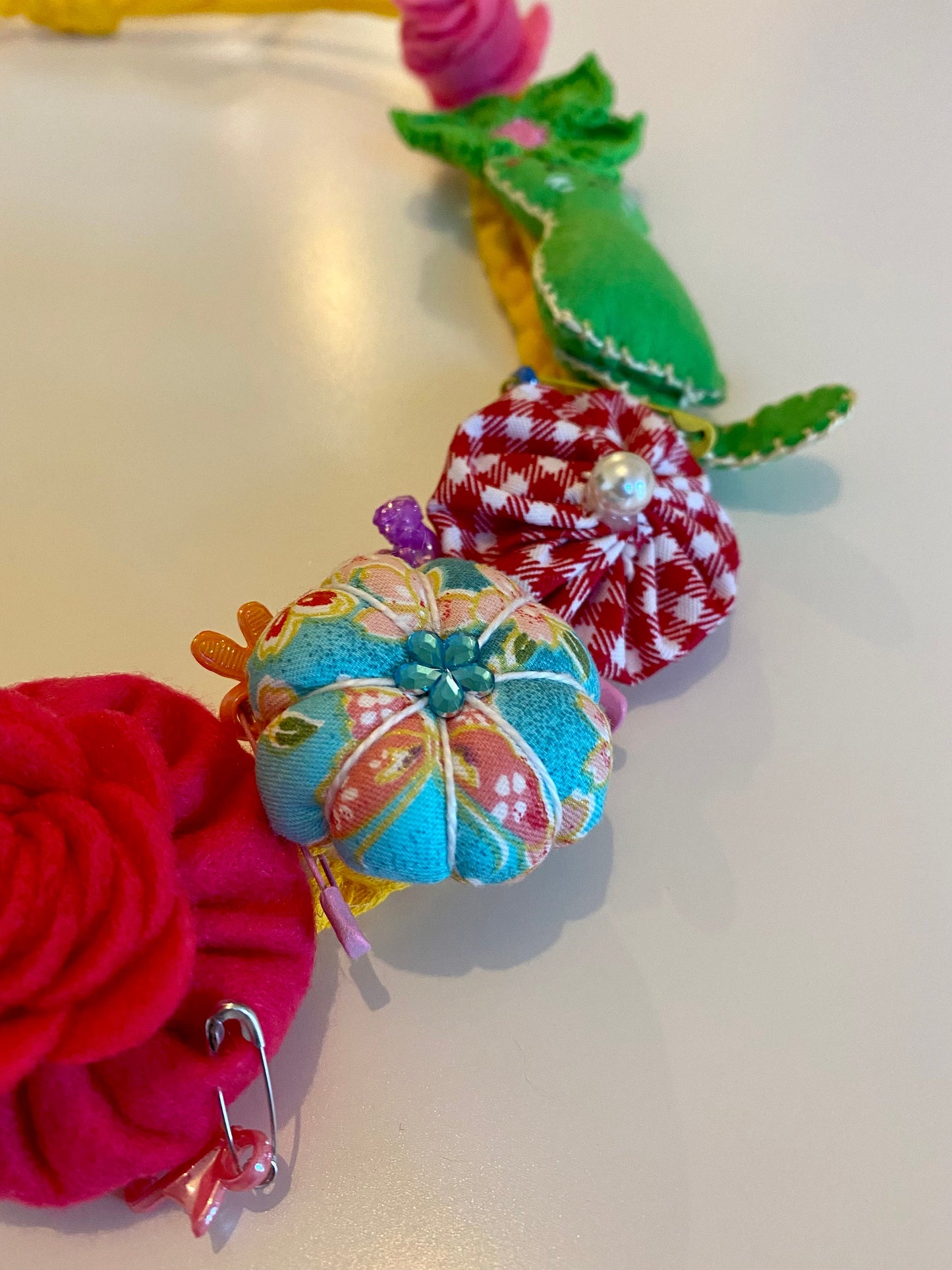 Fabric Necklace - Green Cat, Green Braids, Flowers, Fabric, Buttons, Yellow T-Shirt Yarn, Handmade