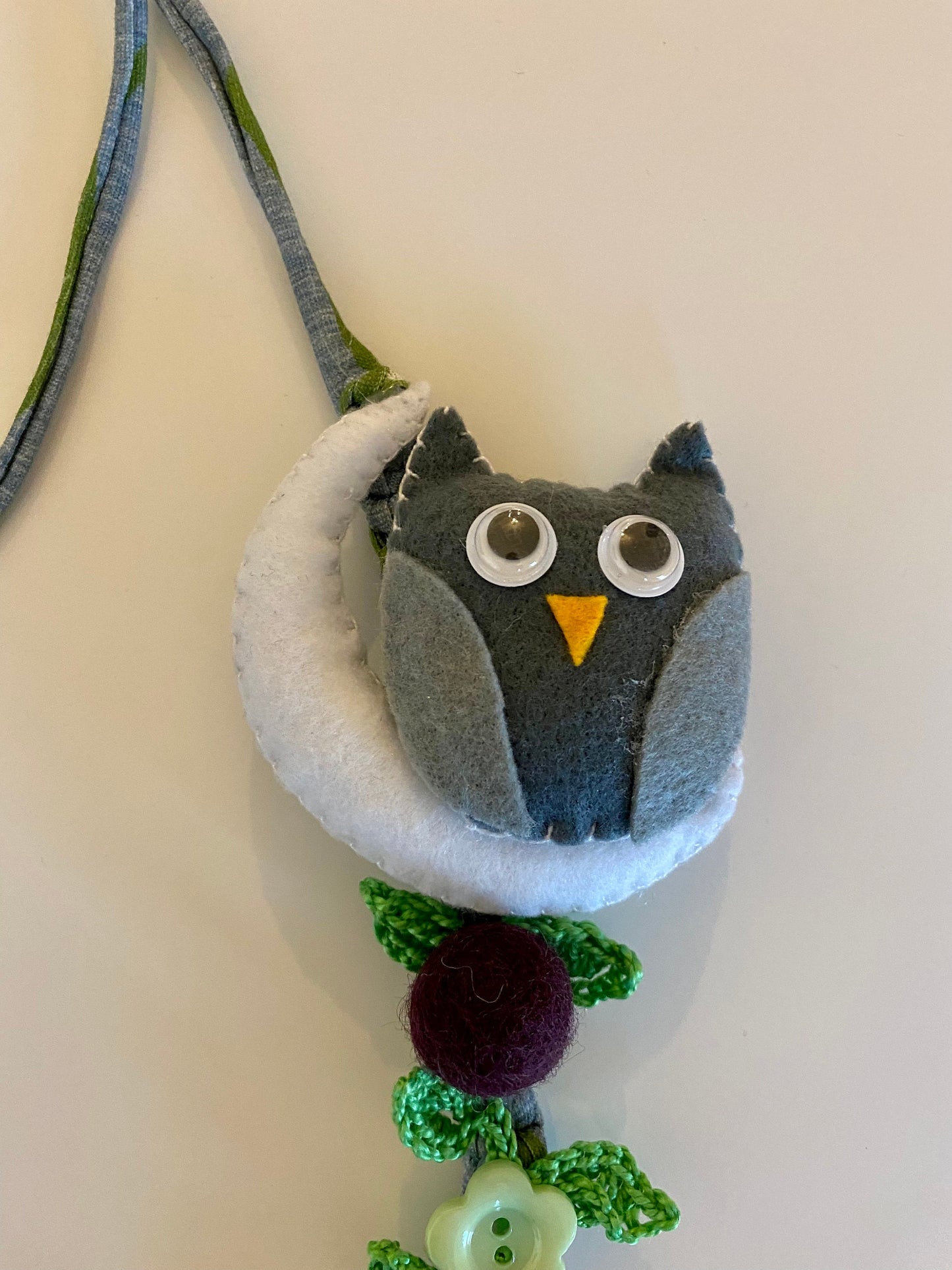 Fabric Necklace - Owl, Flowers, Fabric, Buttons, T-Shirt Yarn, Handmade