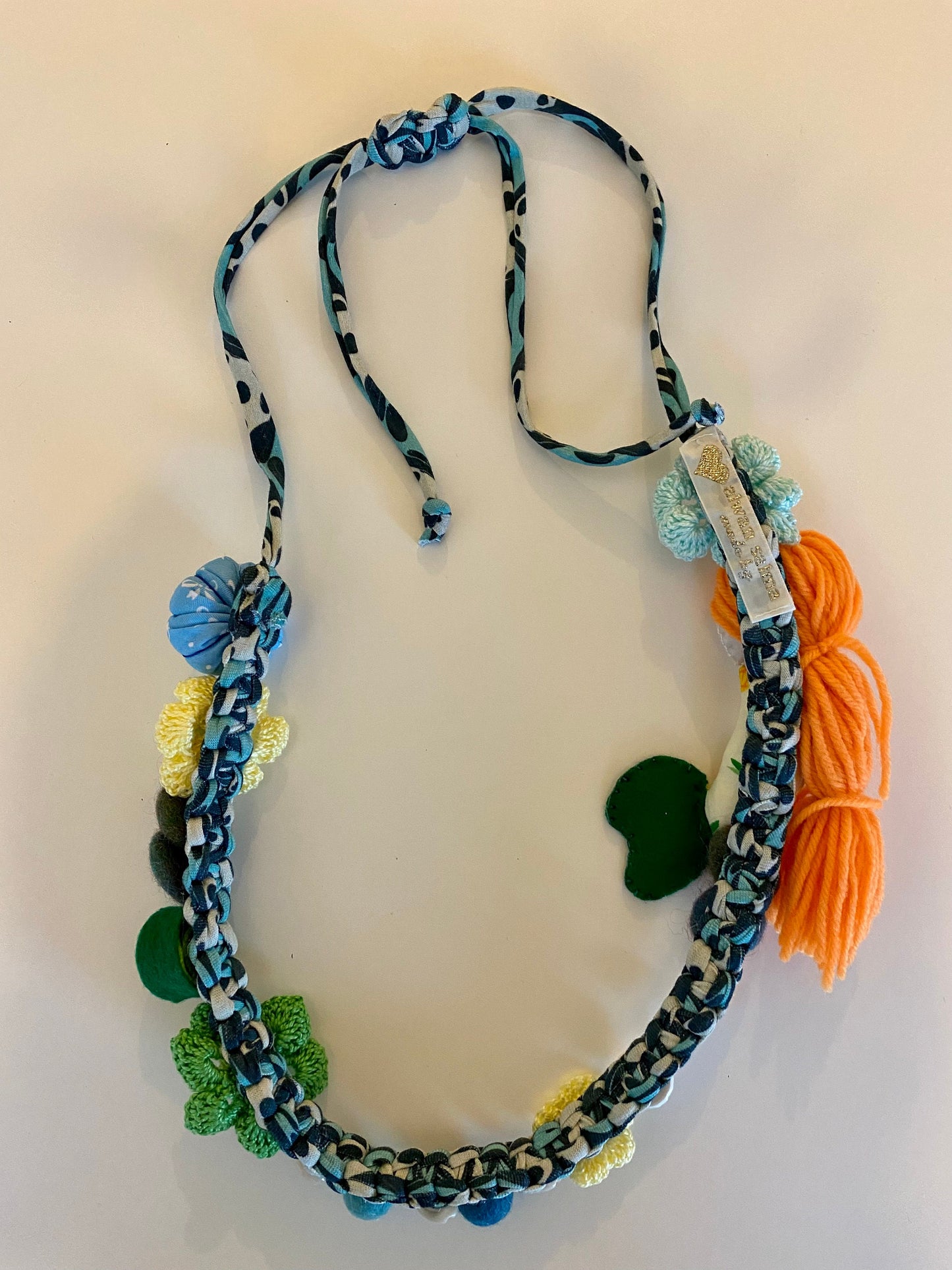 Fabric Necklace - Mermaid, Seashells, Flowers, Fabric, Buttons, T-Shirt Yarn, Handmade