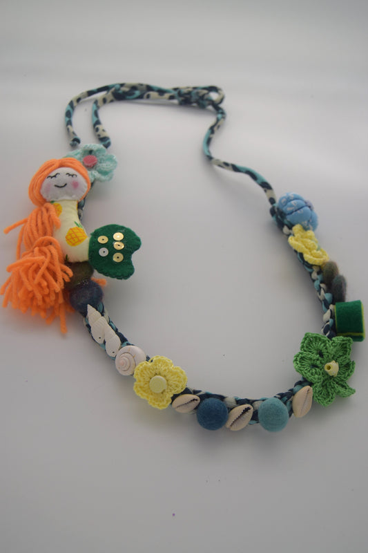 Fabric Necklace - Mermaid, Seashells, Flowers, Fabric, Buttons, T-Shirt Yarn, Handmade