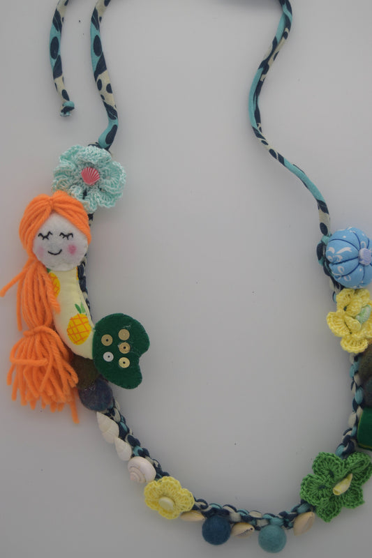 Fabric Necklace - Mermaid, Seashells, Flowers, Fabric, Buttons, T-Shirt Yarn, Handmade