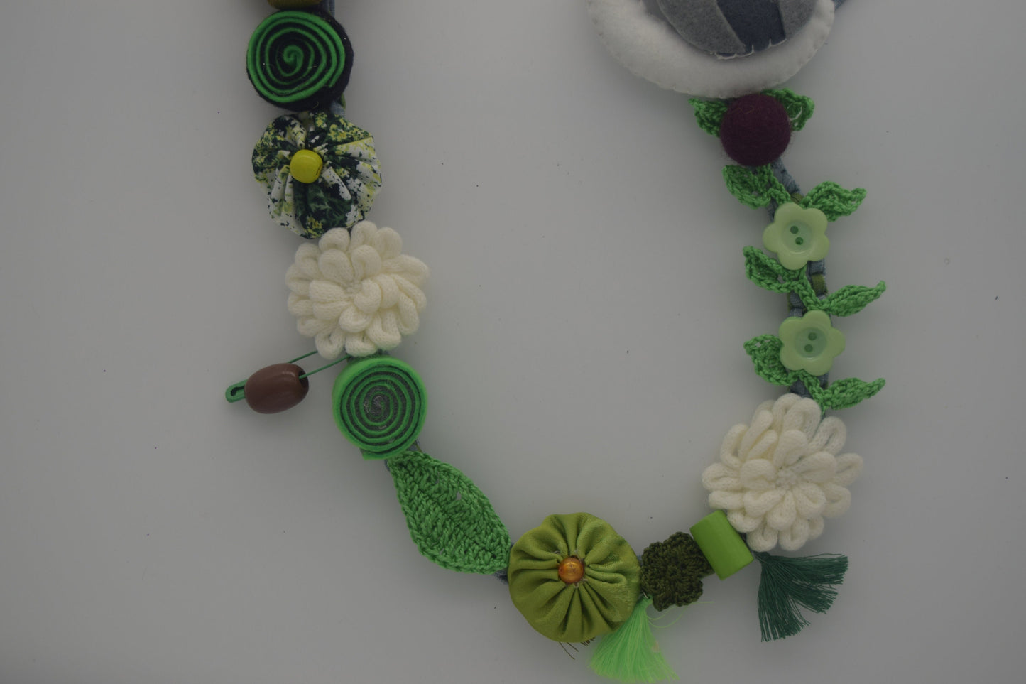 Fabric Necklace - Owl, Flowers, Fabric, Buttons, T-Shirt Yarn, Handmade