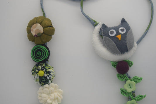 Fabric Necklace - Owl, Flowers, Fabric, Buttons, T-Shirt Yarn, Handmade