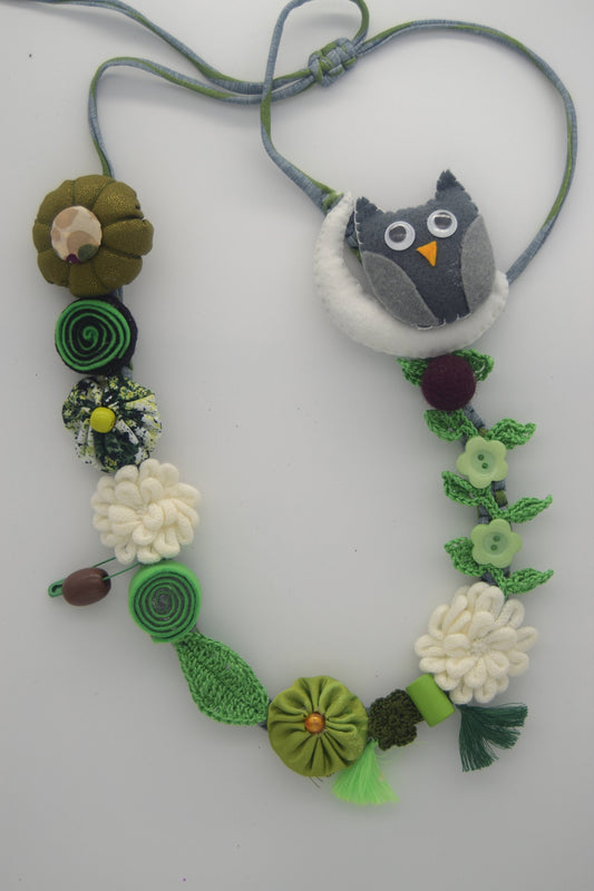 Fabric Necklace - Owl, Flowers, Fabric, Buttons, T-Shirt Yarn, Handmade
