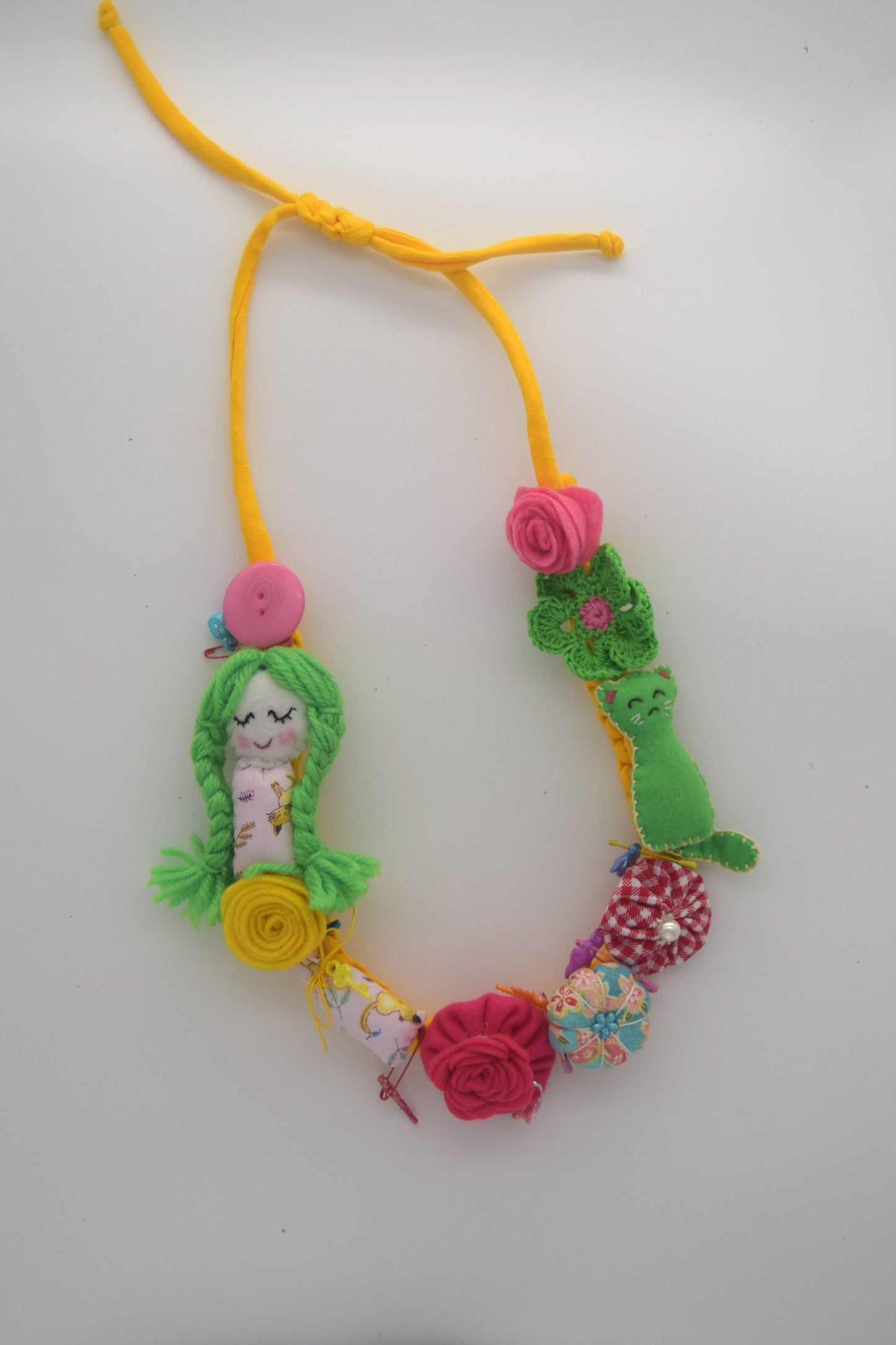 Fabric Necklace - Green Cat, Green Braids, Flowers, Fabric, Buttons, Yellow T-Shirt Yarn, Handmade