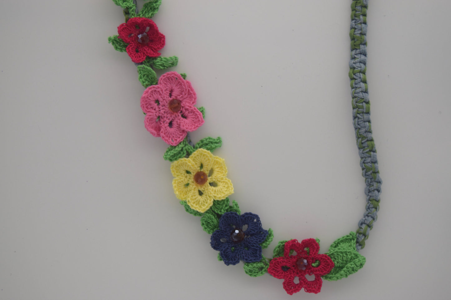 Crochet Necklace - Floral, Colorful Flowers, Handmade, T-Shirt Yarn