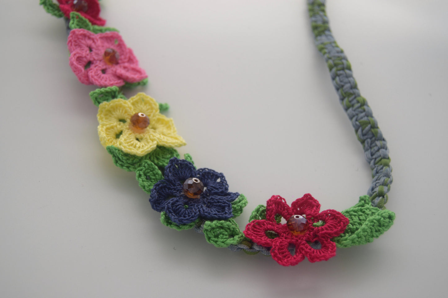 Crochet Necklace - Floral, Colorful Flowers, Handmade, T-Shirt Yarn