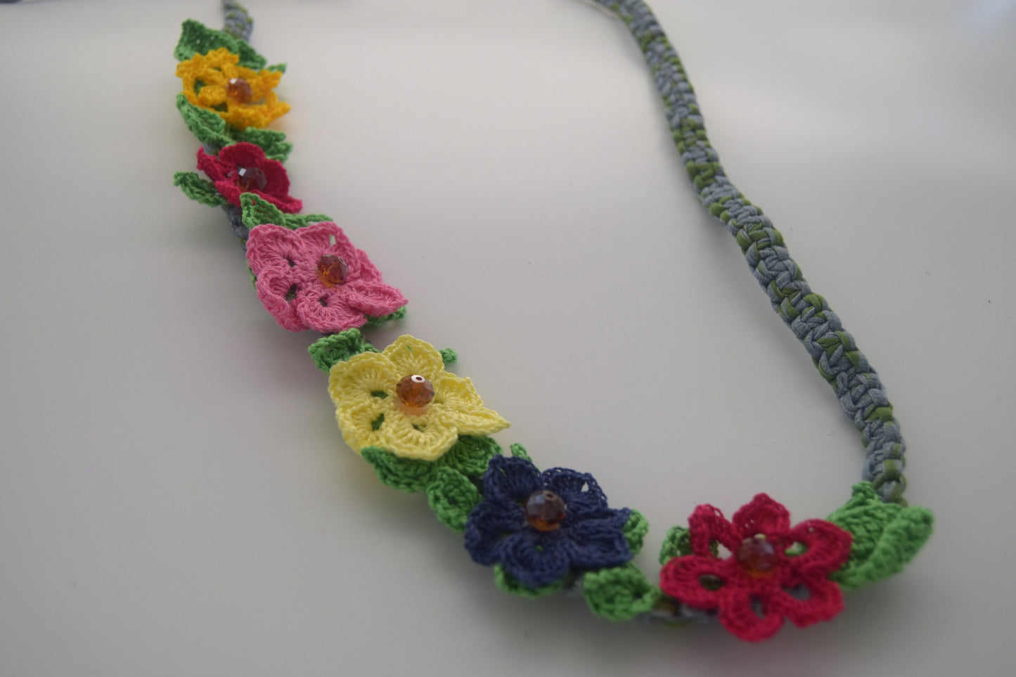 Crochet Necklace - Floral, Colorful Flowers, Handmade, T-Shirt Yarn