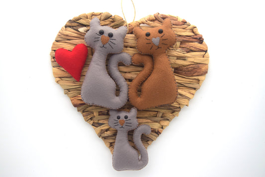 Cat Family Hanging Decoration - HEART-shaped Felt, Cat Parents, Kitten, Red Heart