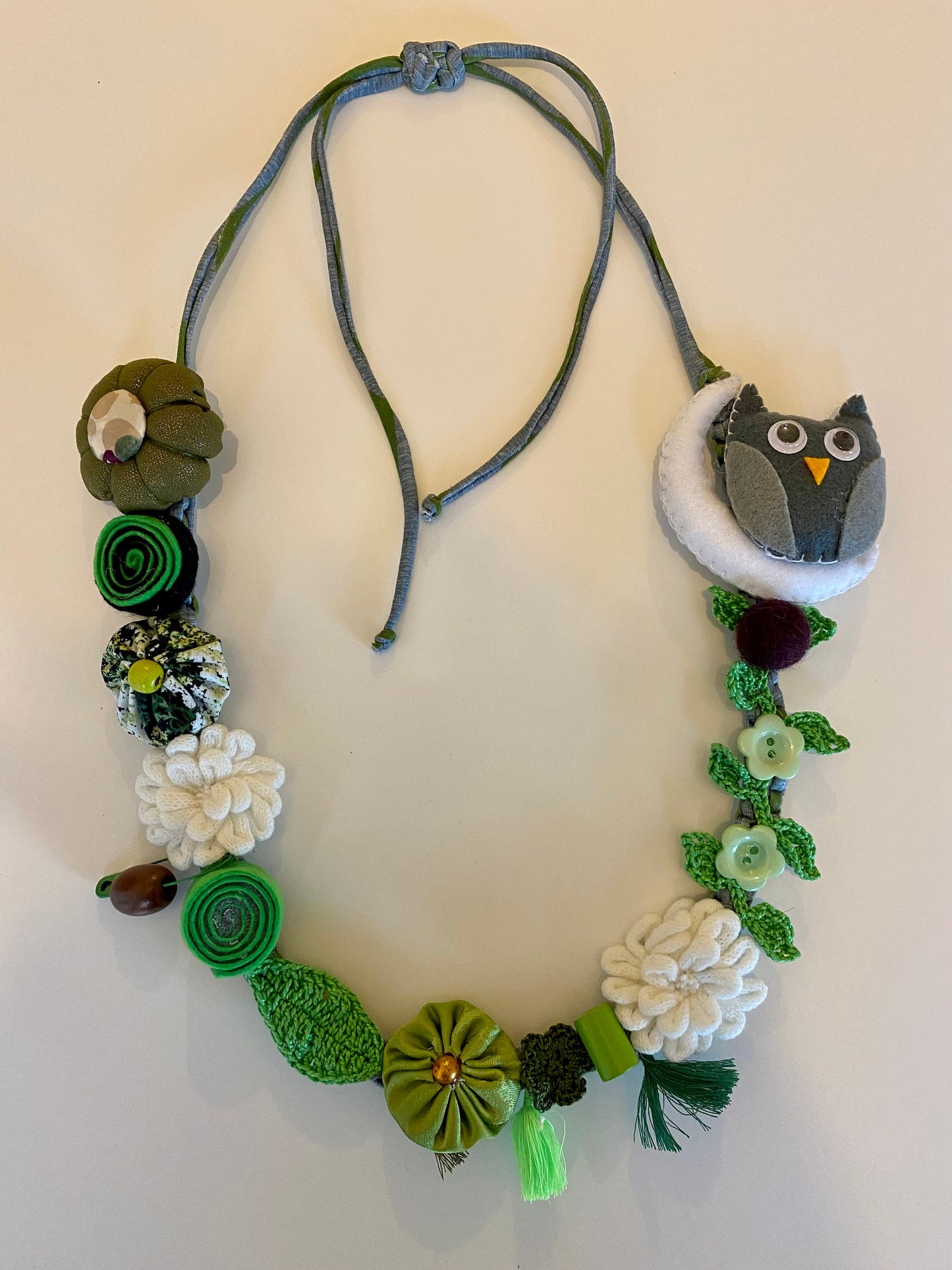 Fabric Necklace - Owl, Flowers, Fabric, Buttons, T-Shirt Yarn, Handmade