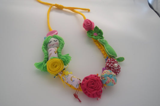 Fabric Necklace - Green Cat, Green Braids, Flowers, Fabric, Buttons, Yellow T-Shirt Yarn, Handmade
