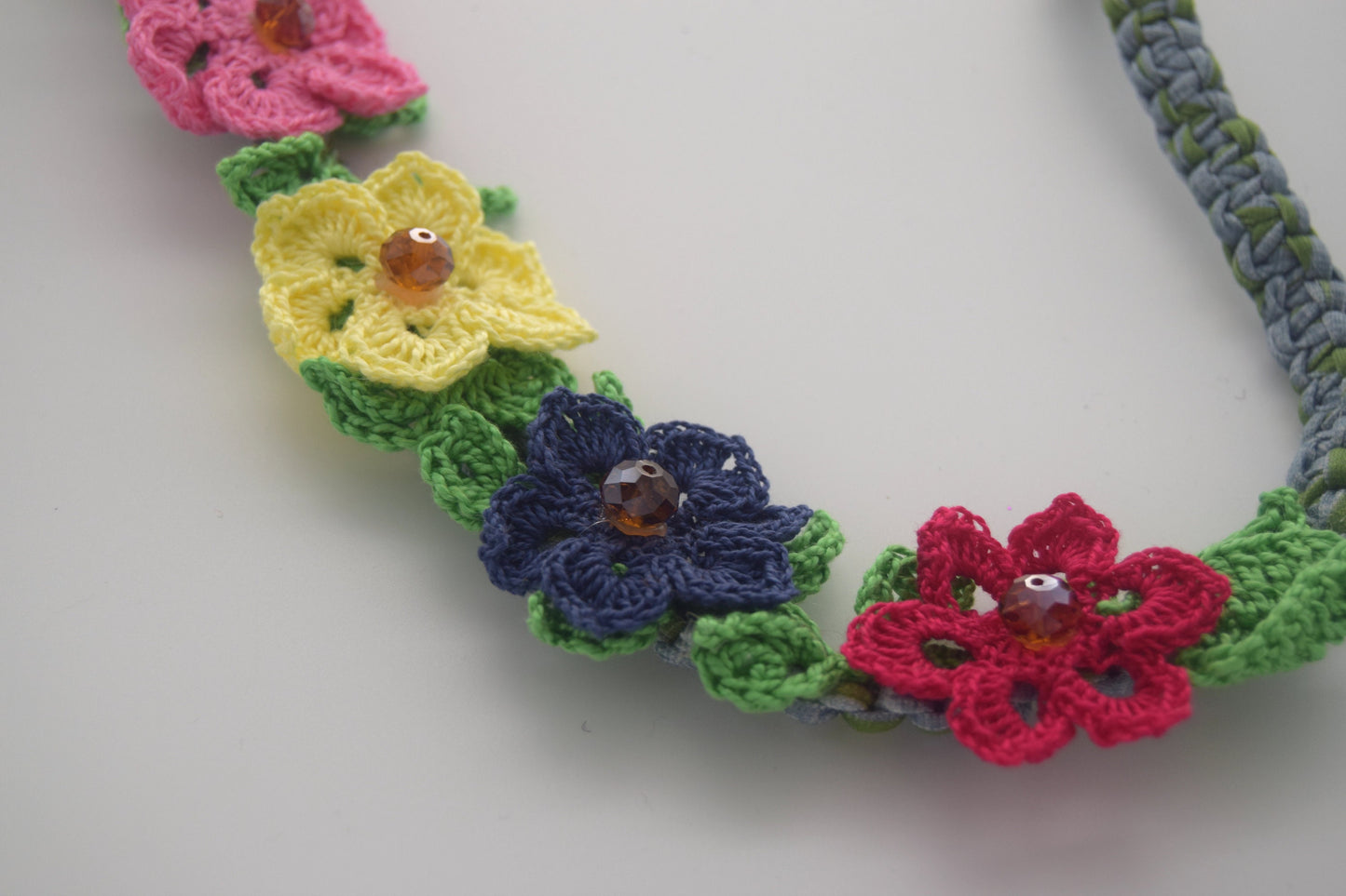 Crochet Necklace - Floral, Colorful Flowers, Handmade, T-Shirt Yarn