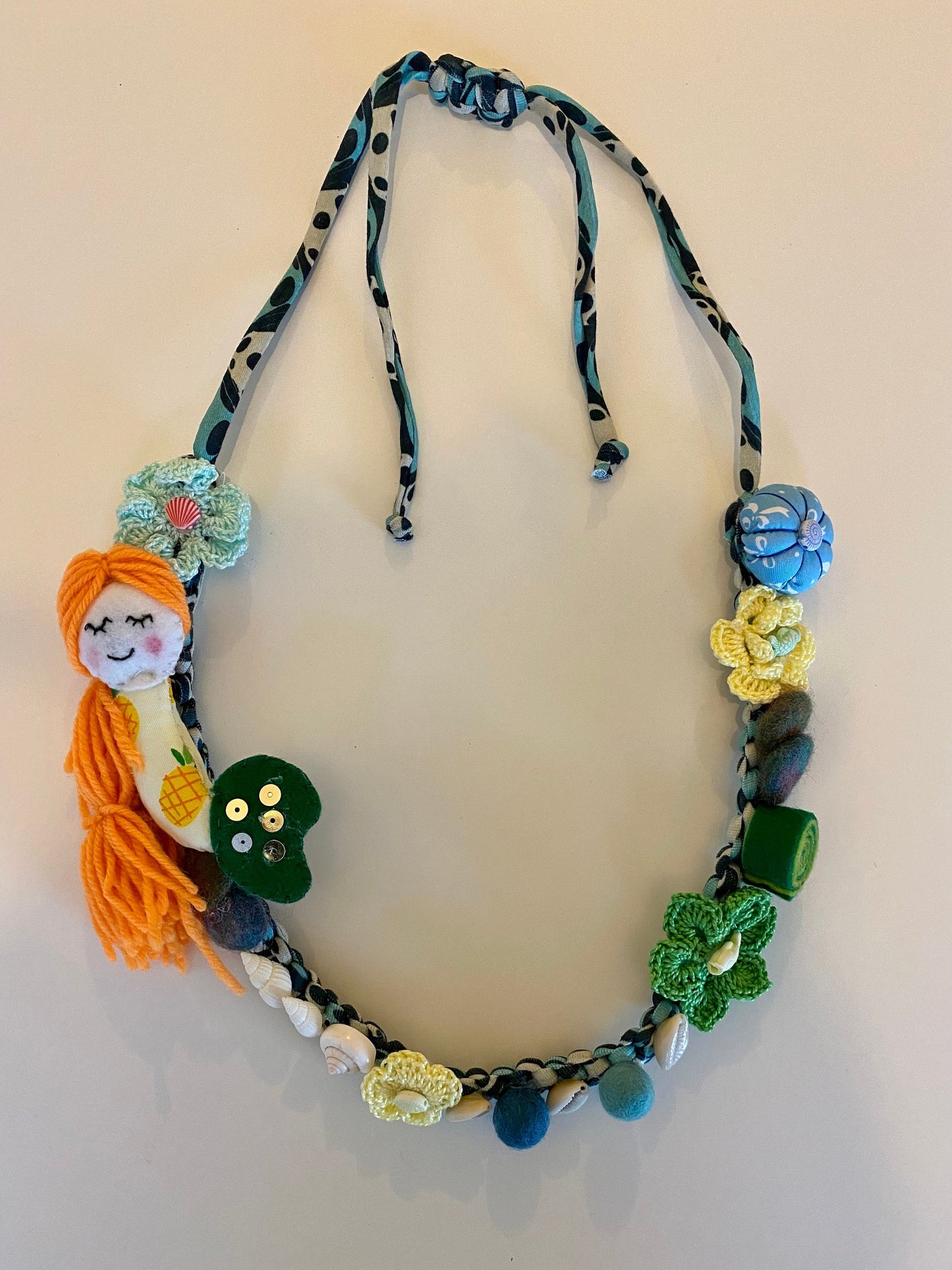 Fabric Necklace - Mermaid, Seashells, Flowers, Fabric, Buttons, T-Shirt Yarn, Handmade